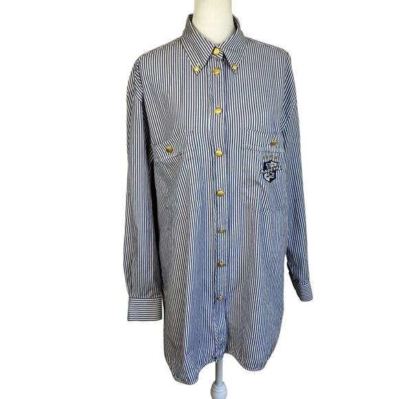 Escada Sport Vintage Blue & White Striped Long Sleeve Crested Button-up Shirt - Picture 3 of 16